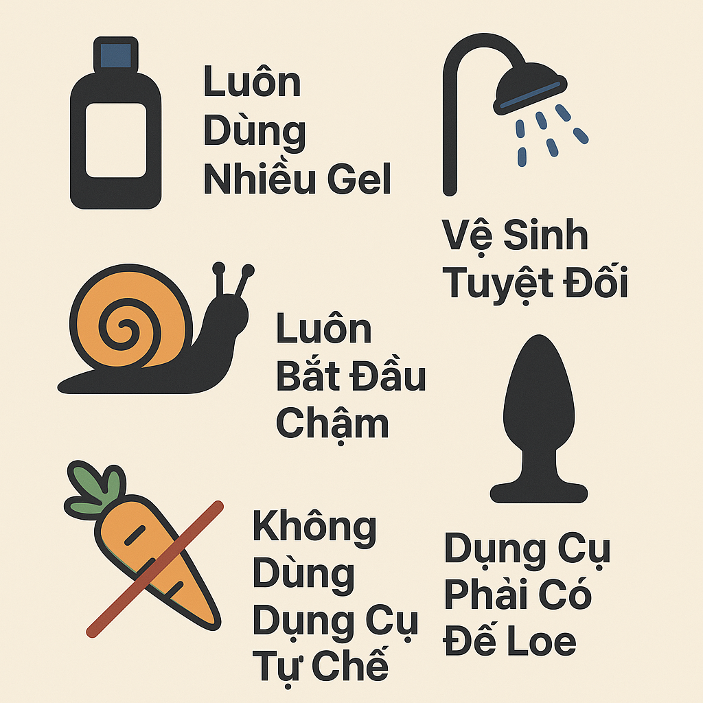 Infographic 5 quy tắc an toàn khi thủ dâm hậu môn: dùng gel, vệ sinh, đi chậm, dùng toy có đế loe và không dùng dụng cụ tự chế.